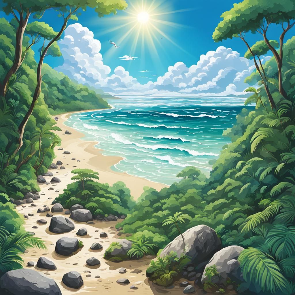 Lush Rainforest Meets Tropical Ocean Shoreline