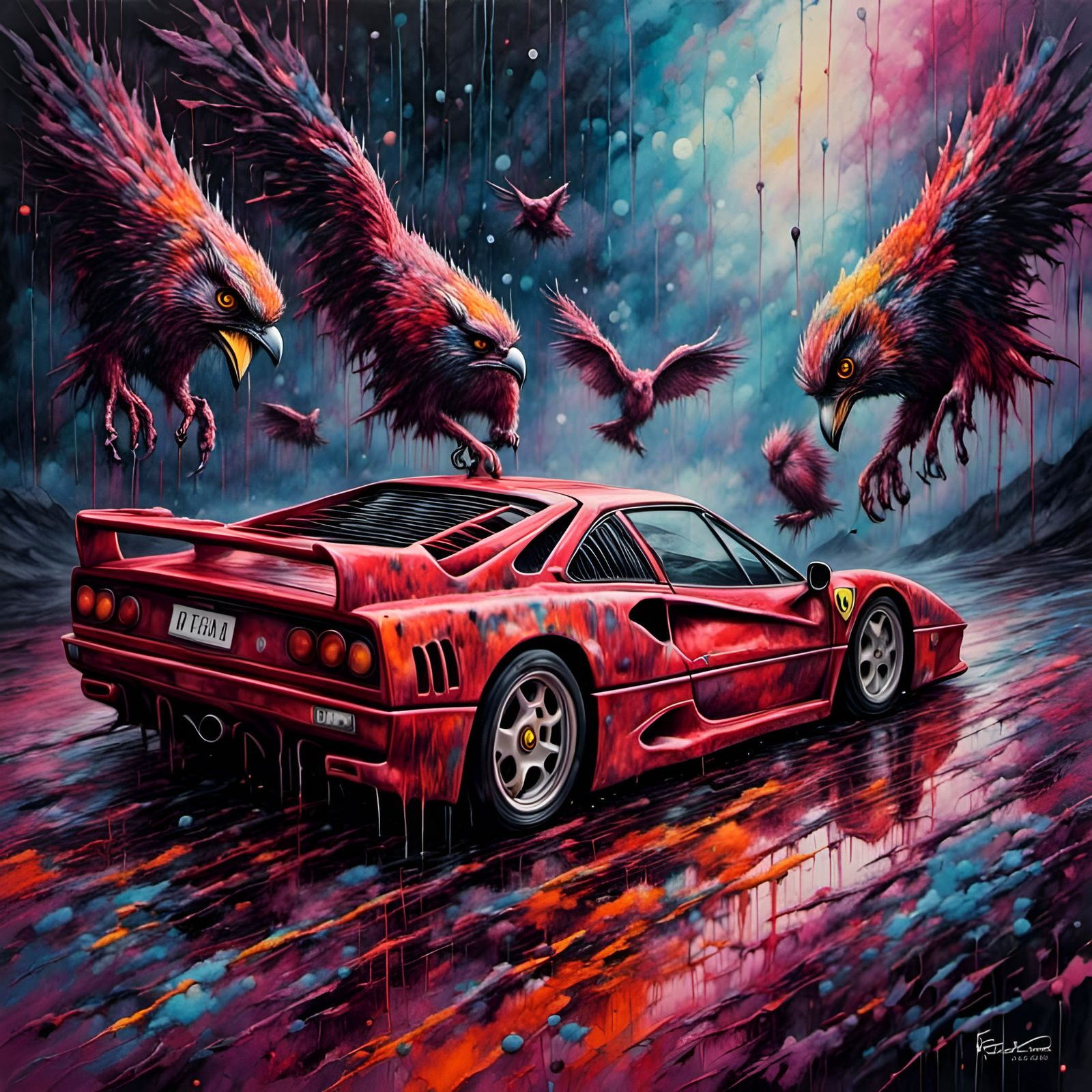 Psychedelic Ferrari F40 Chased by Alien Owls
