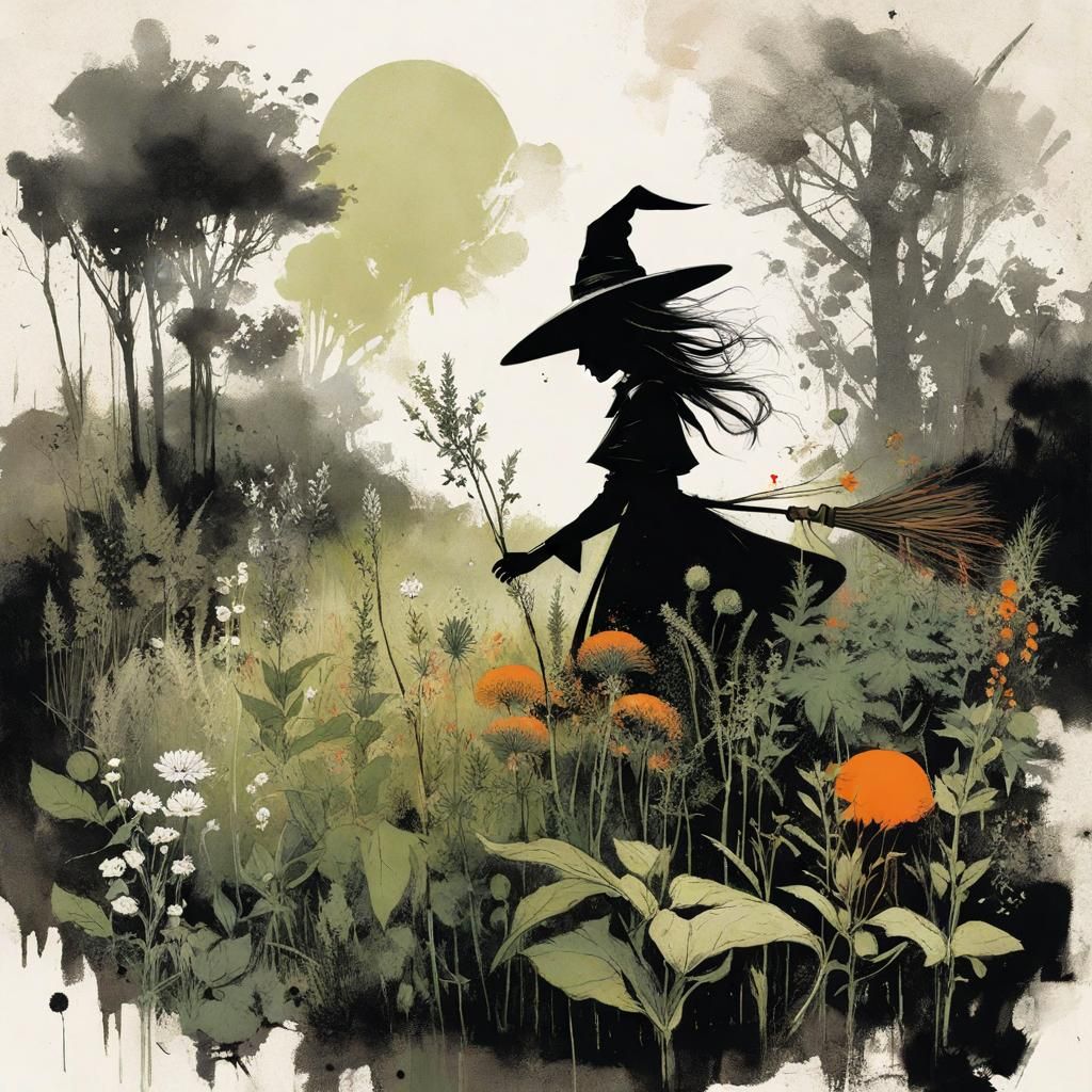 Whimsical Witch in Magical Herb Garden