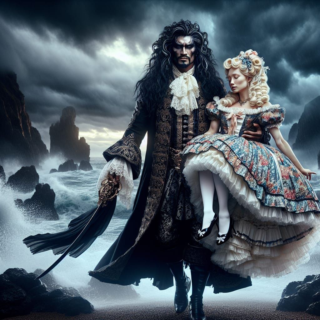 Pirate and French Maid on Stormy Seashore