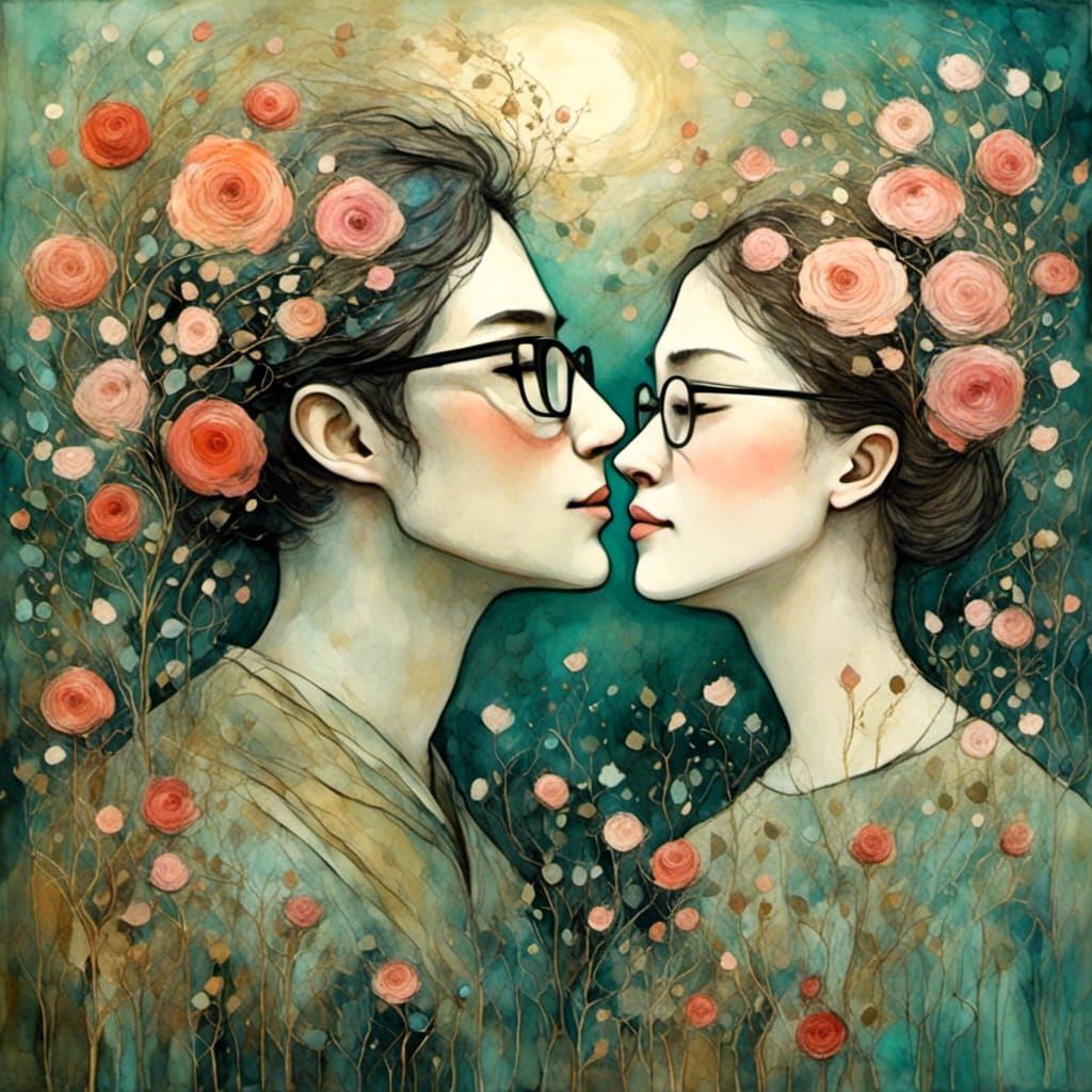 Romantic Floral Encounter in Liquid Ink Style