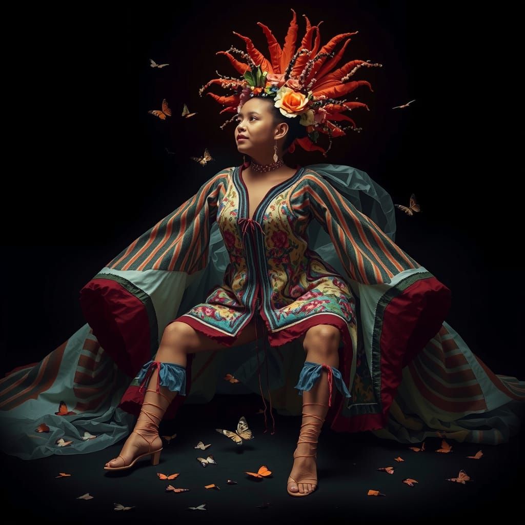 Radiant Woman in Citrus Light Gown with Butterflies and Flow...