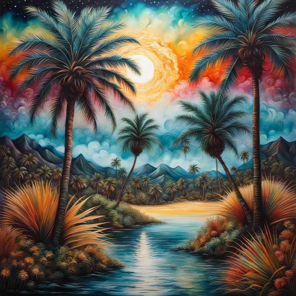 Encaustic Palm Trees with Space Background