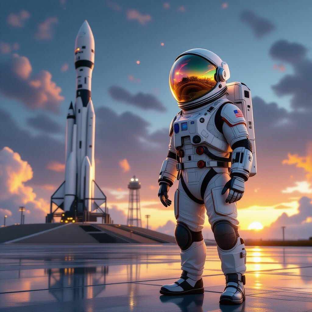 Frog Astronaut Stands Proudly Beside Starship Rocket