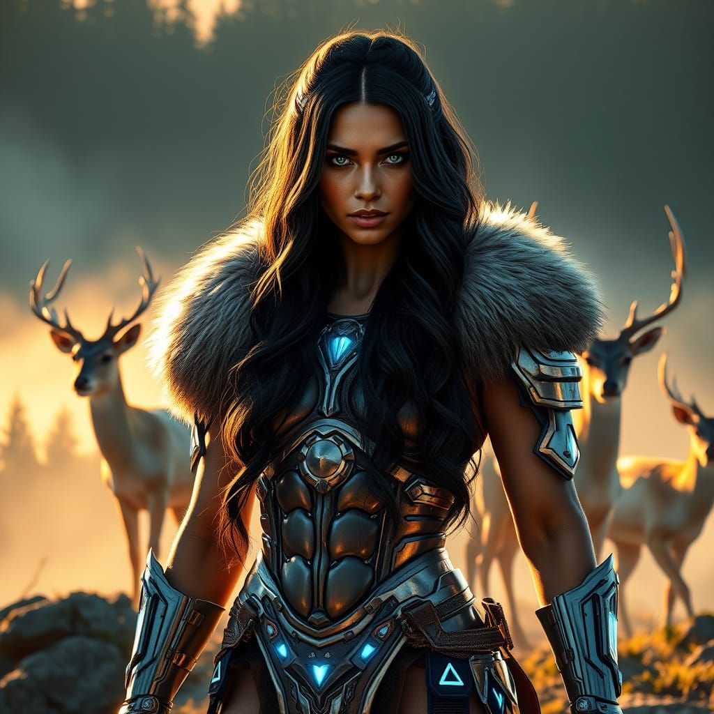 Cyberpunk Warrior Goddess in Emerald Forest