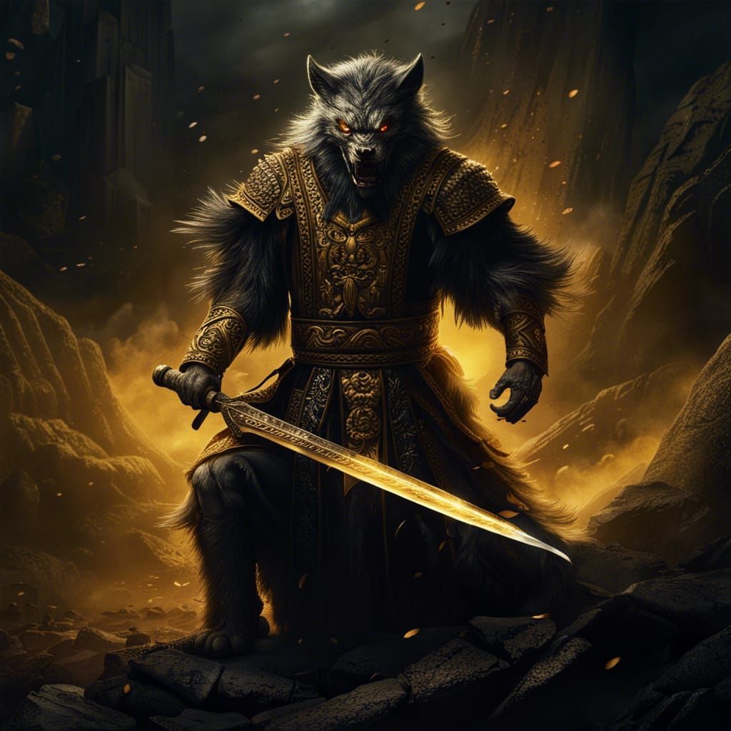 Lycanthrope Warrior in Gold Robes with Great-Swords