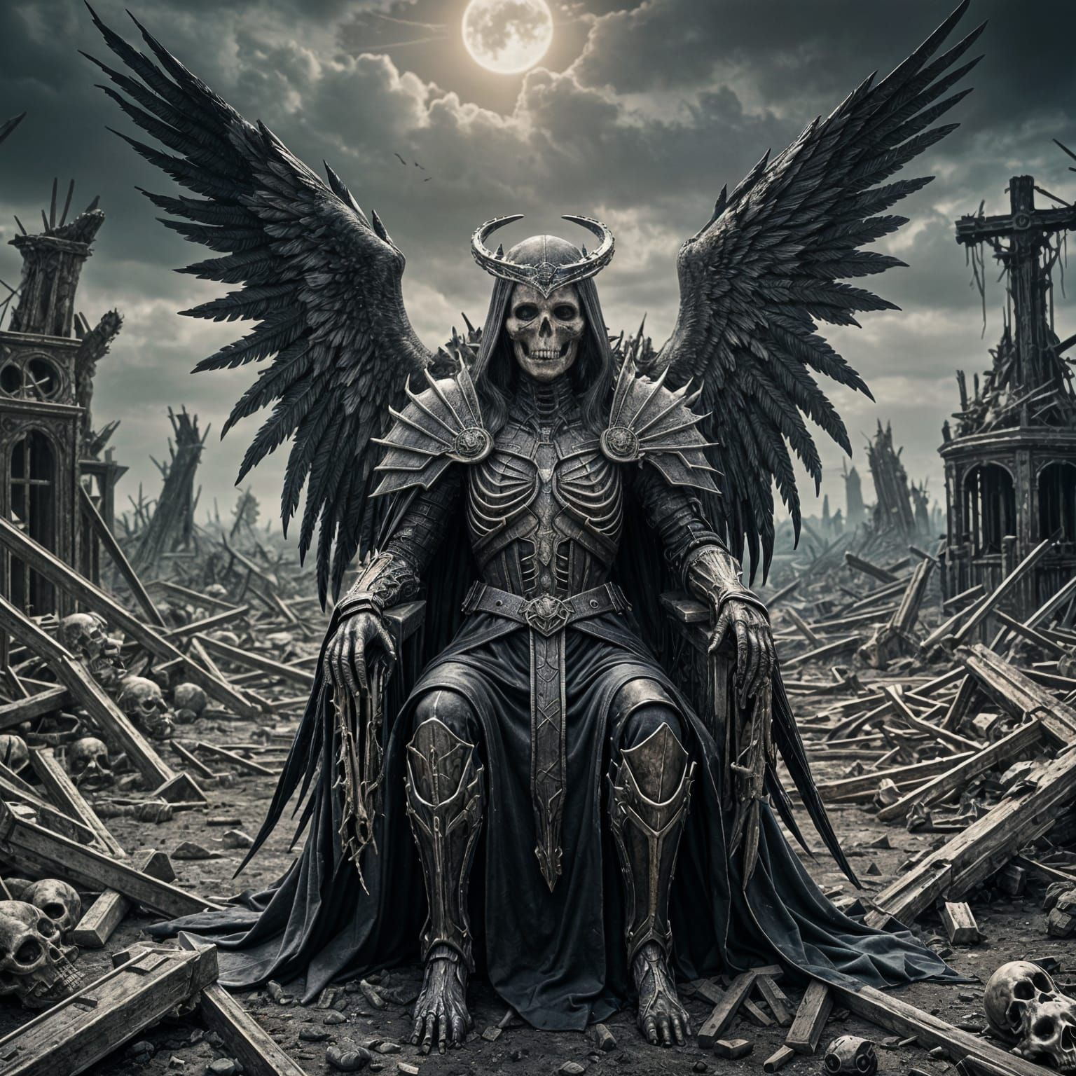 Dark Fantasy Angel Sits on Throne of Bones in Wasteland