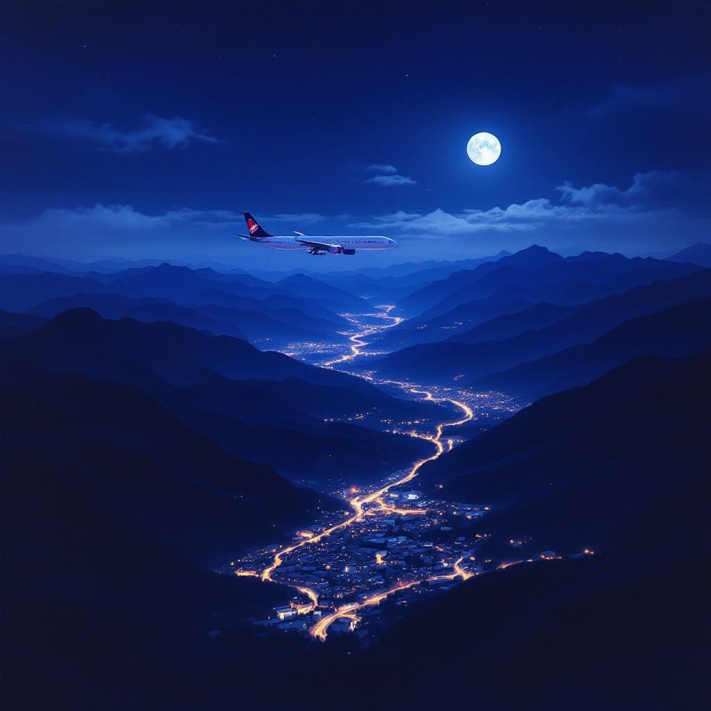 Night Flight Over Gatlinburg in Gouache Watercolor