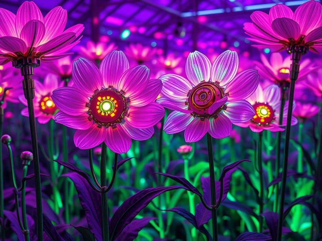 Surreal Cyberpunk Greenhouse Filled with Bioluminescent Flow...