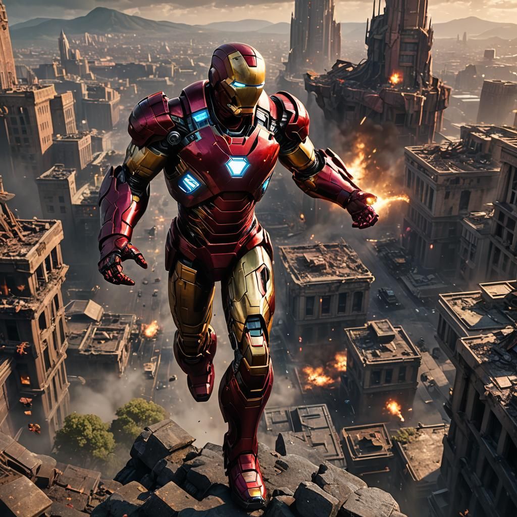 Ironman vs Thanos in Ruined Fantasy Cityscape