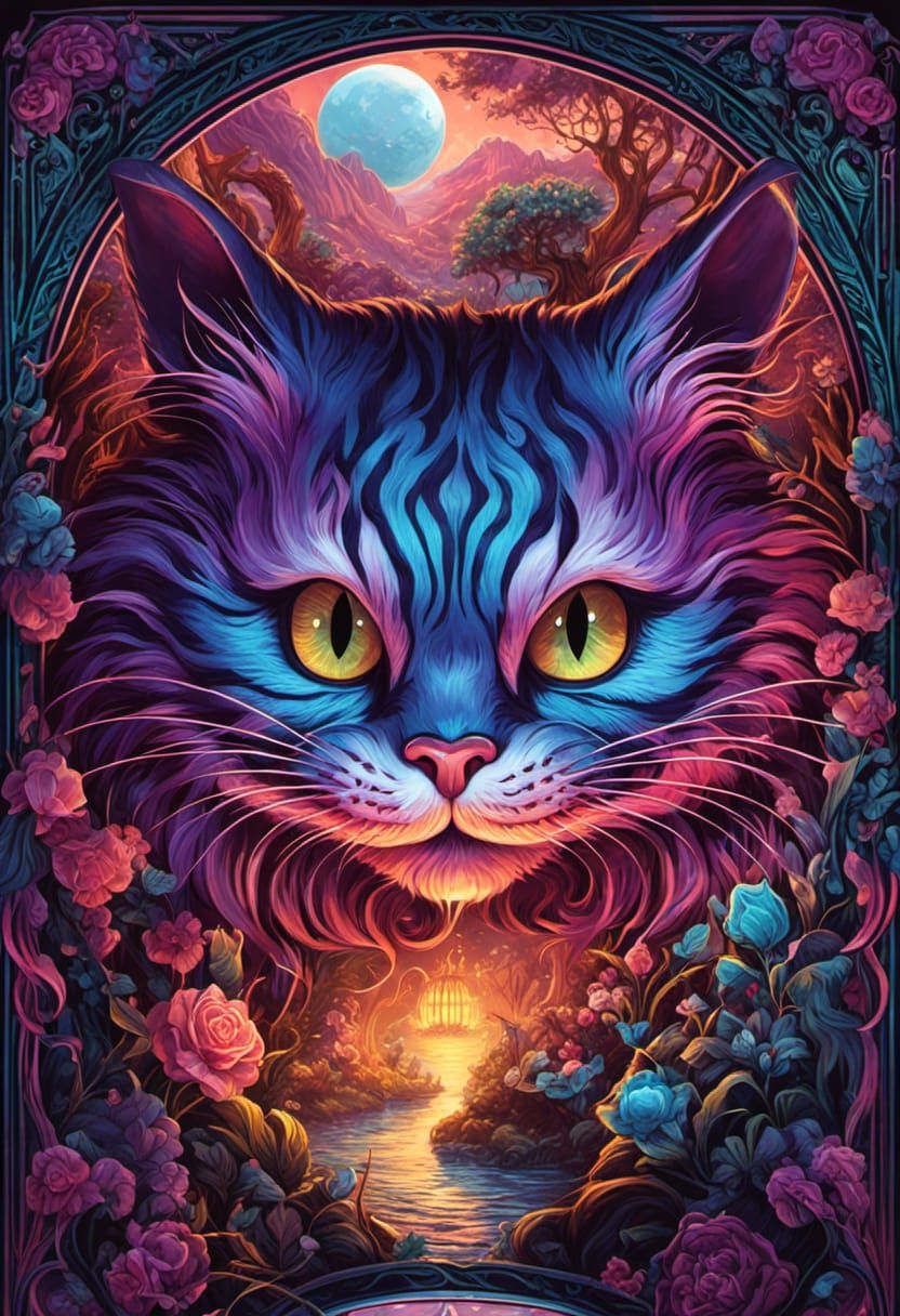 Cheshire Cat Tarot Card in Digital Landscape Art