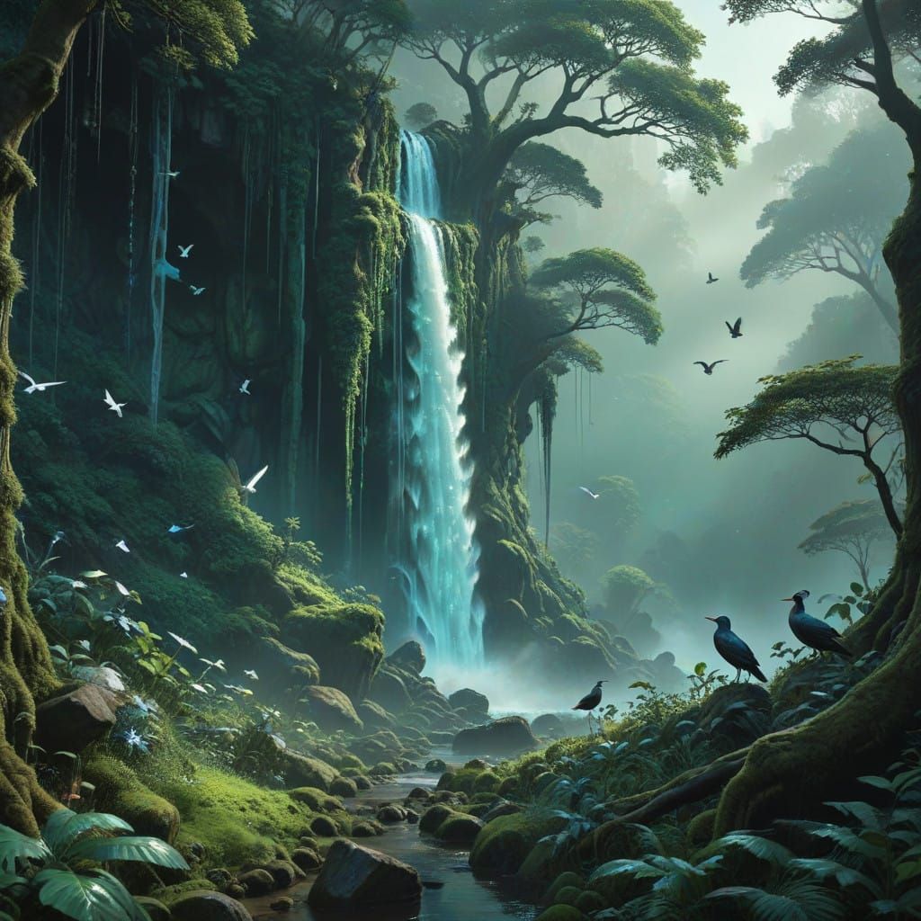 Ethereal Waterfall in Mystical Forest