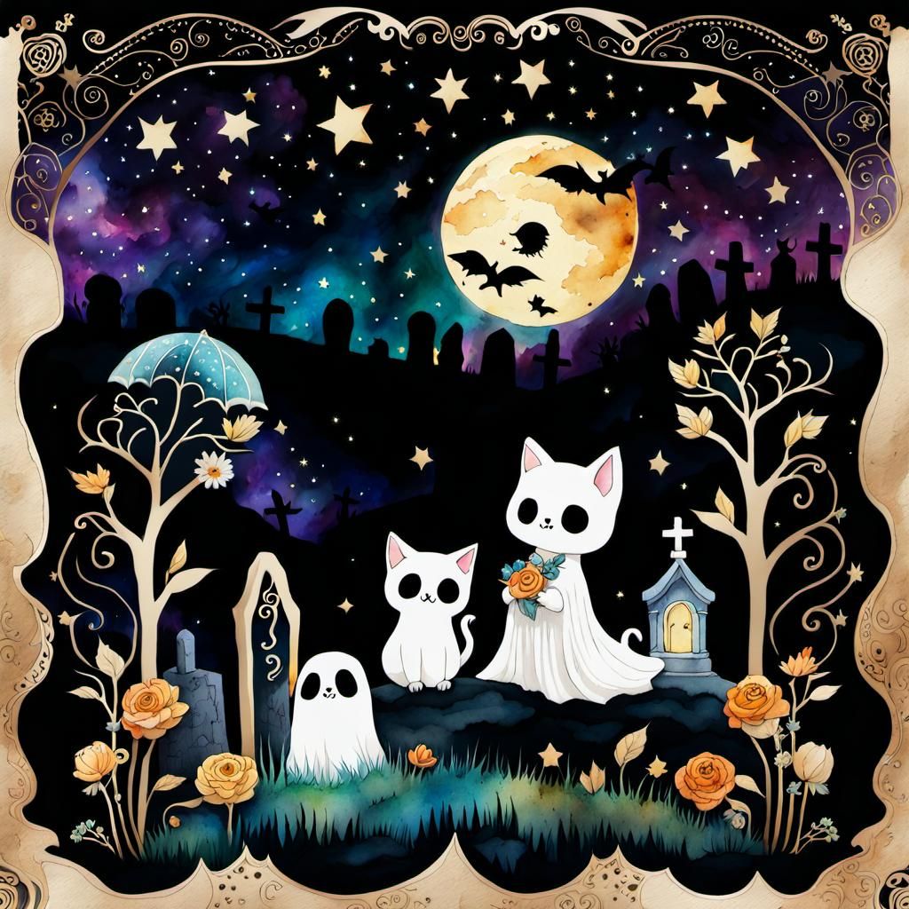 Chibi Ghosts and Cats in Cemetery Watercolor