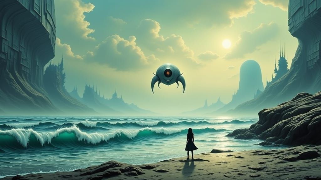 Surreal Seascape on a Futuristic Alien Shore with a Being an...