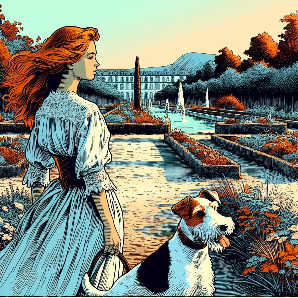 Woman with Dog in Garden, Ligne Claire Ink Drawing