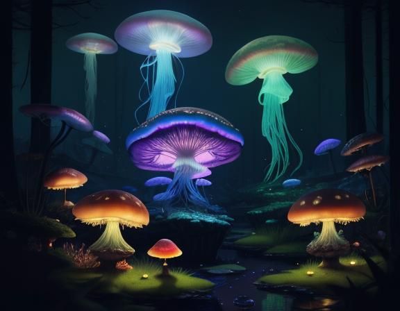Jellyfish in Toadstool Forest, Beatrix Potter Style