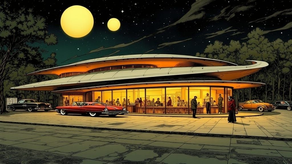 Futuristic Art Deco Restaurant Under a Moebius Sky