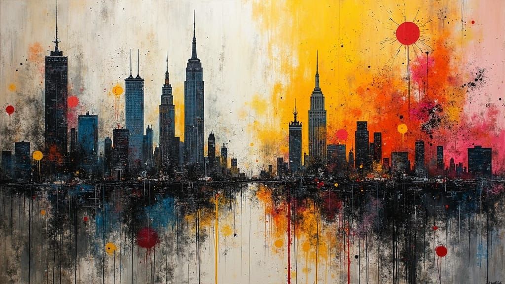 Abstract Cityscape with Drip Art and Architectural Layers