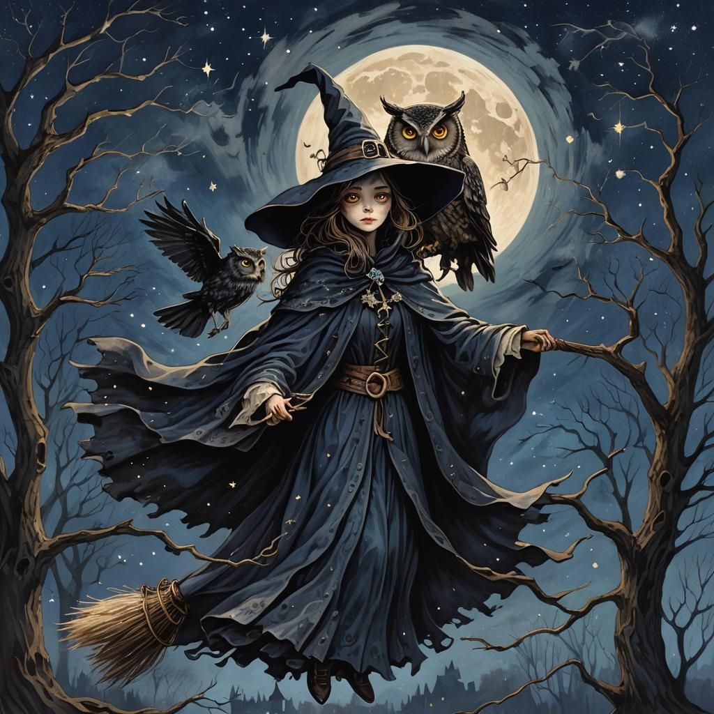 Witch Flying Through Starry Night Sky