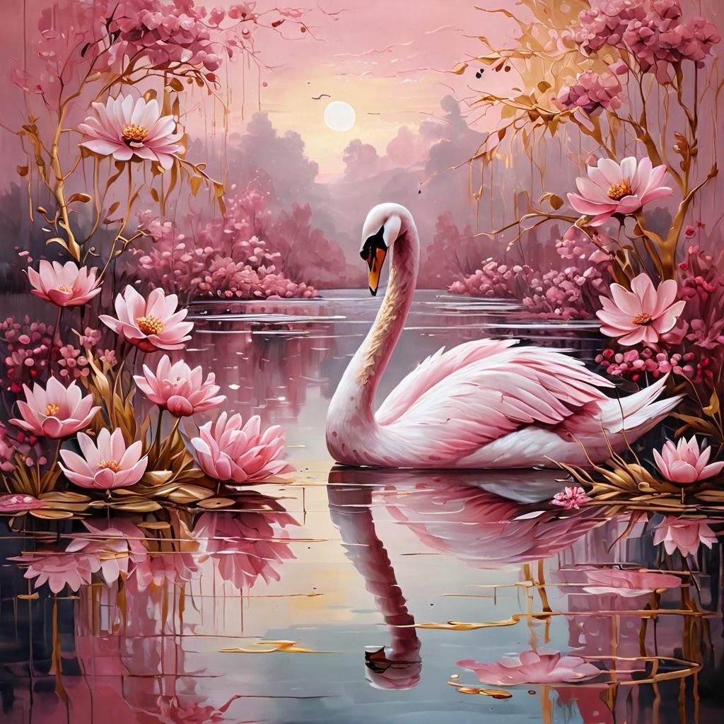 Pink Swan and Flowers: Abstract Oil Painting with Gold