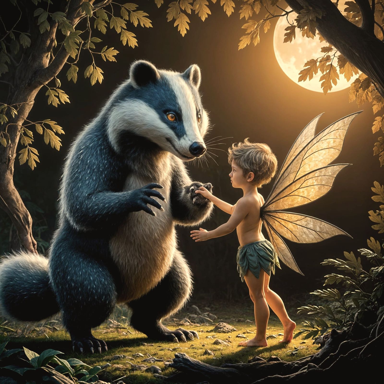 Wise Badger Illuminates Ancient Forest Lore to Winged Fairy