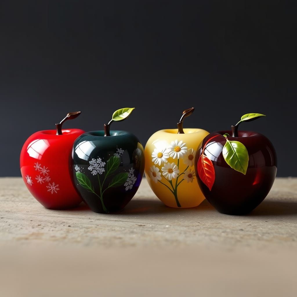 Four Glass Apples Representing Seasons on Dark Ground