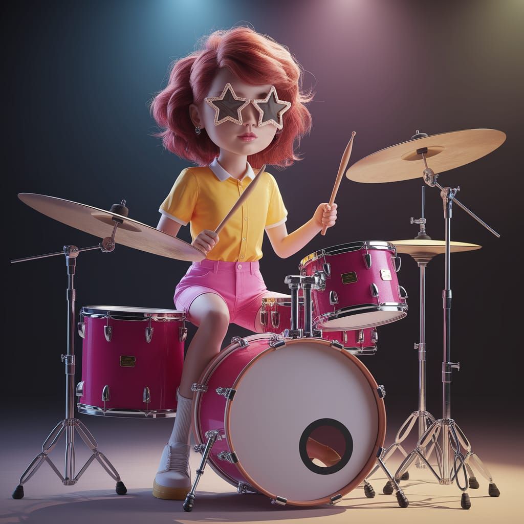 Girl Drummer on Stage in Detailed Digital Art