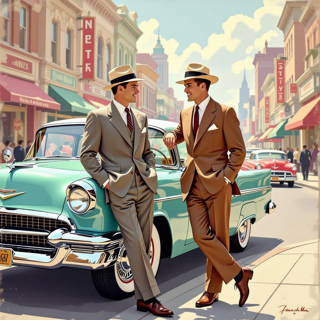 1950s Gentlemen in City, Dreamy Retro Illustration