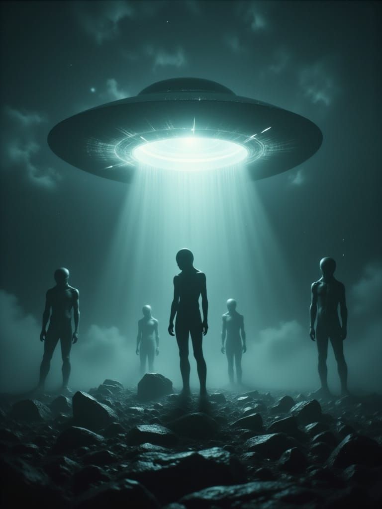Alien Silhouettes Under Glowing UFO