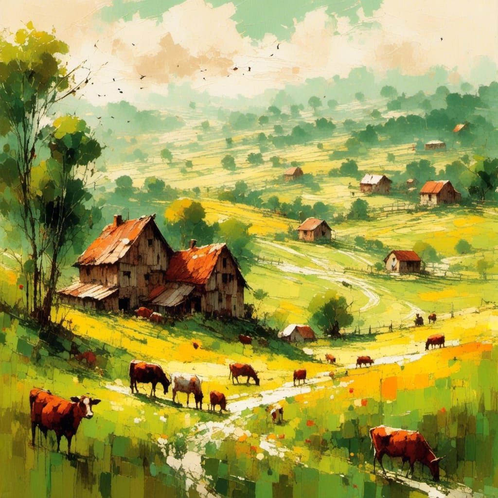 Pastoral Countryside Scene with Grazing Animals