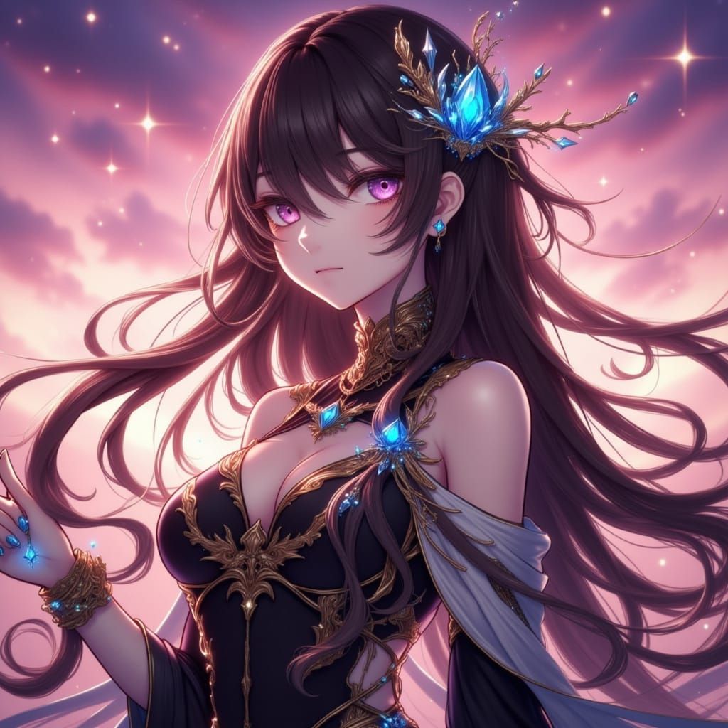 Anime Priestess in Sunset, Digital Illustration