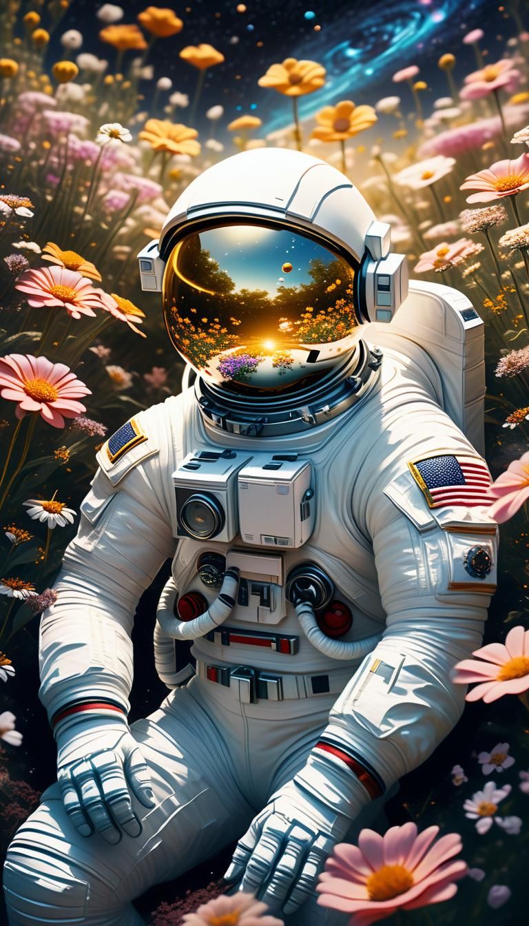 Astronaut in Flower Garden with Galaxy Reflection