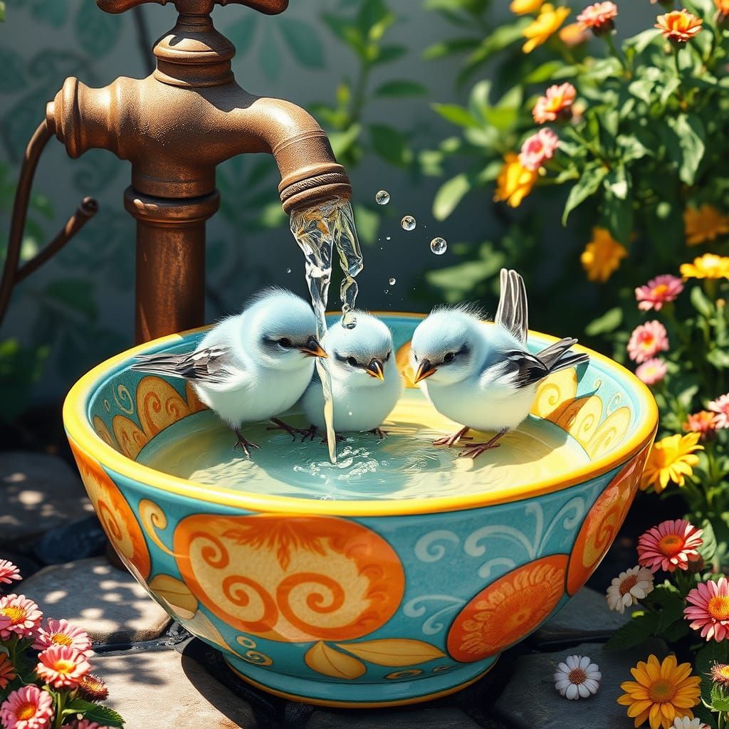 Whimsical Watercolor Scene with Birds and a Ceramic Bowl