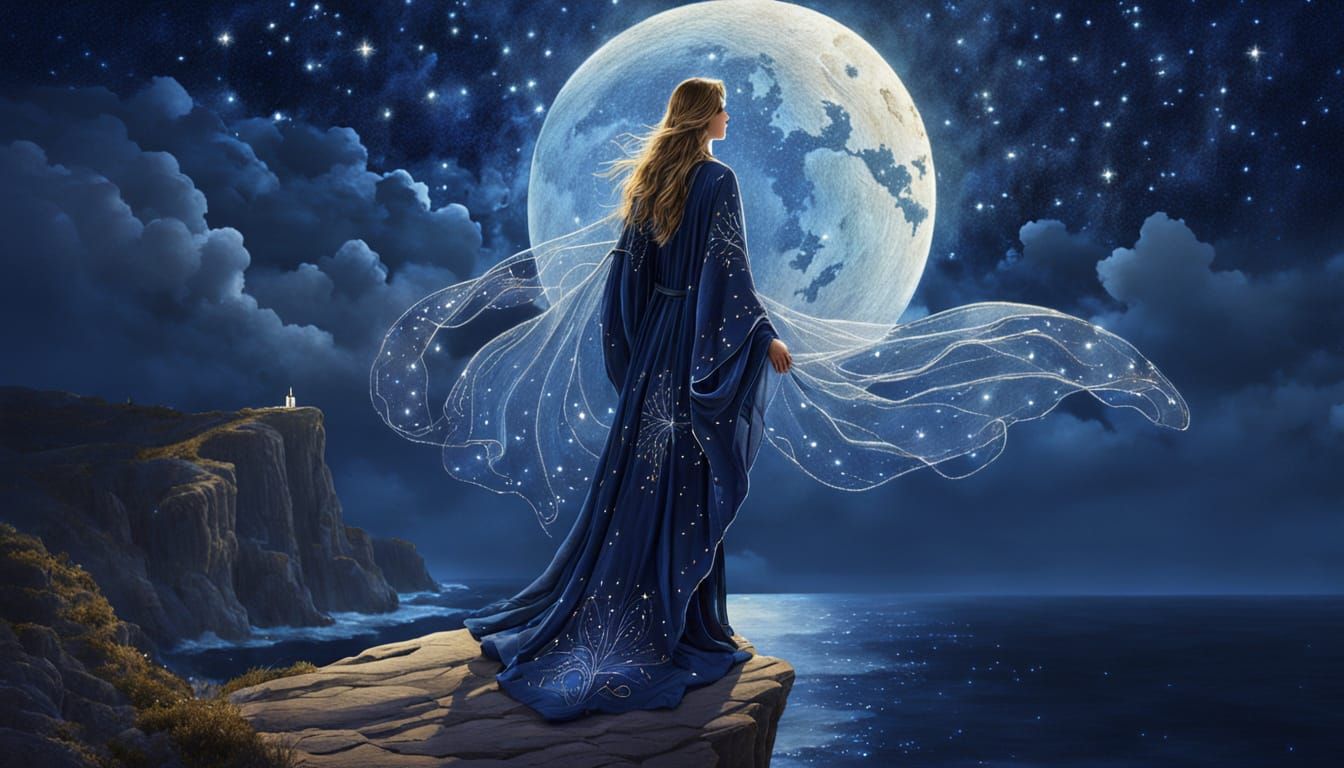 Ethereal Angel on Moonlit Cliff Overlooking Starry Ocean