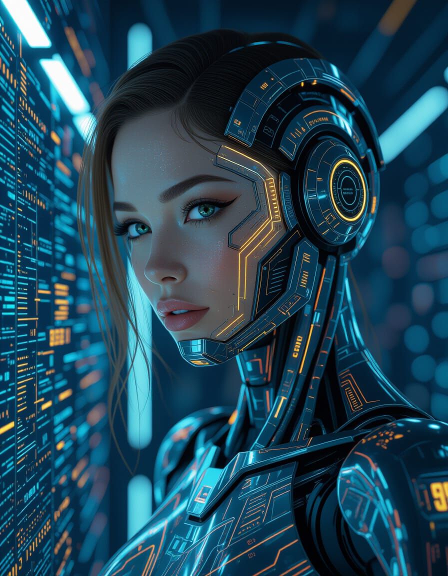 Super AI Female with Glowing Circuits in Cyberpunk Style