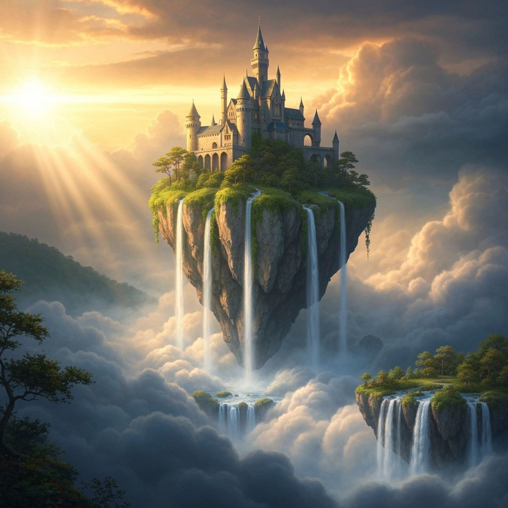 Majestic Castle on Floating Rock with Waterfalls