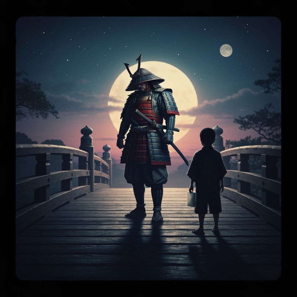Samurai on Bridge at Dawn in Kurosawa Style