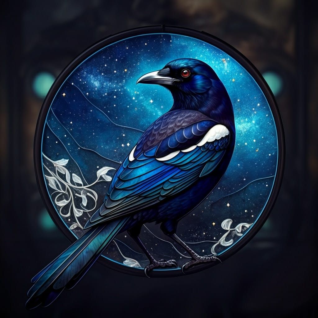 Ethereal Magpie in Stained Glass Elegance