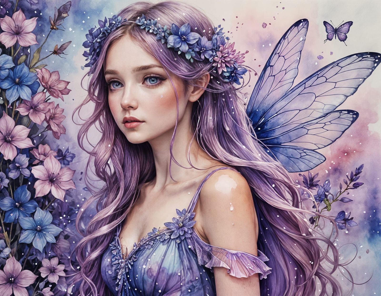 Fragile Fairy with Dragonfly Wings in Watercolour