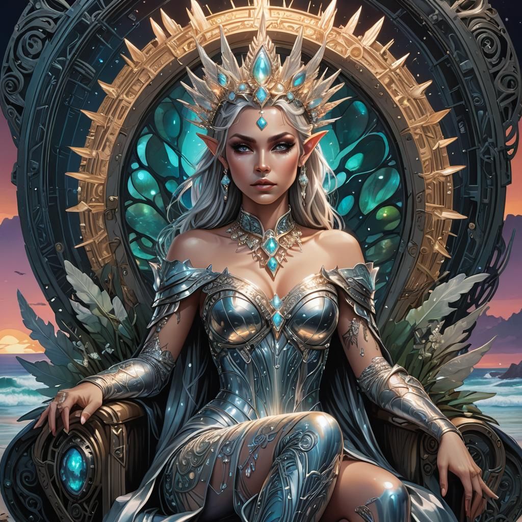 Cyberpunk Elf Queen on Abalone Throne at Night
