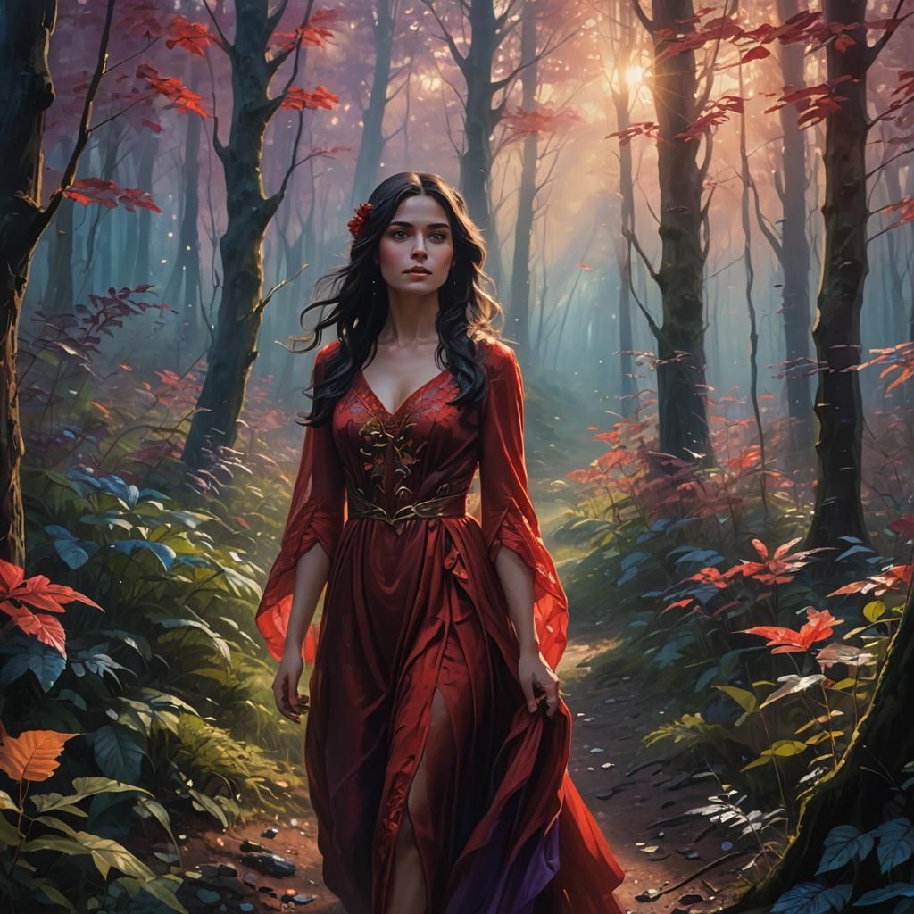 Woman in Red Dress in Forest, Fantasy Art