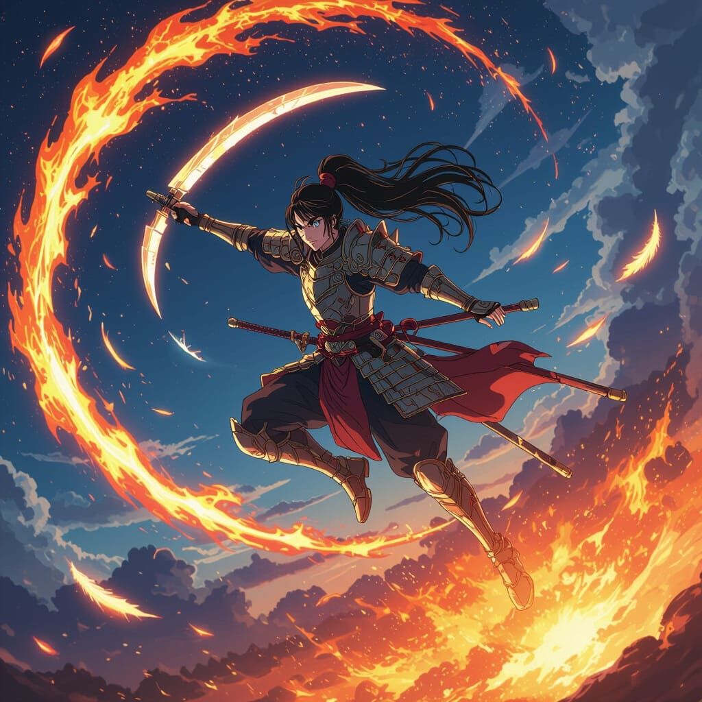 Anime Warrior's Fiery Descent with Glowing Naginata