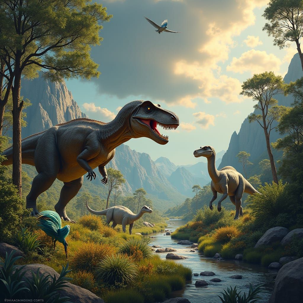 Lush Prehistoric Landscape with Dinosaurs in Action
