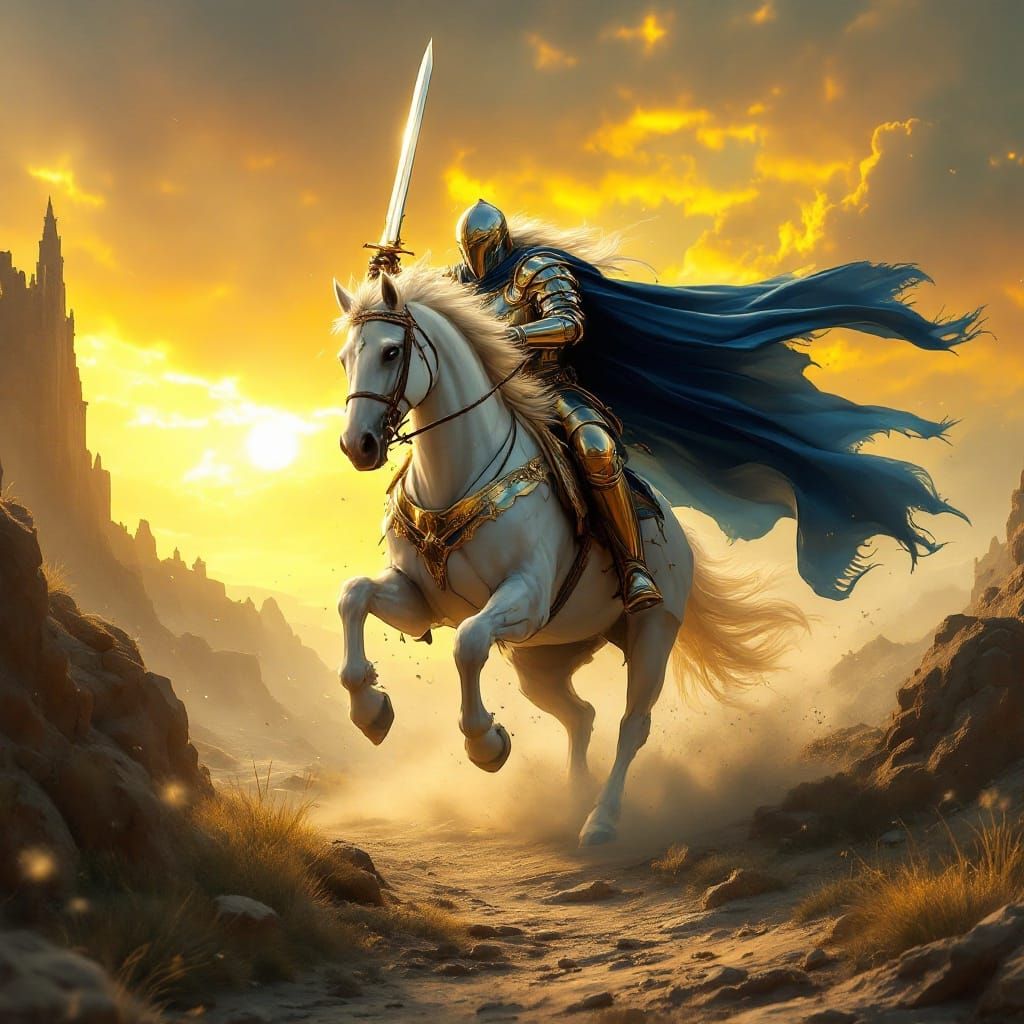 Knight on White Horse in Medieval Tapestry Style