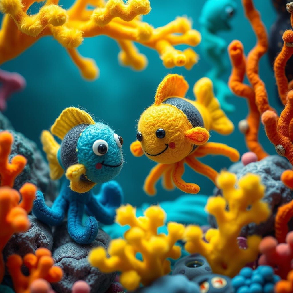 Adorable Felt Octopus and Fish in Underwater Scene