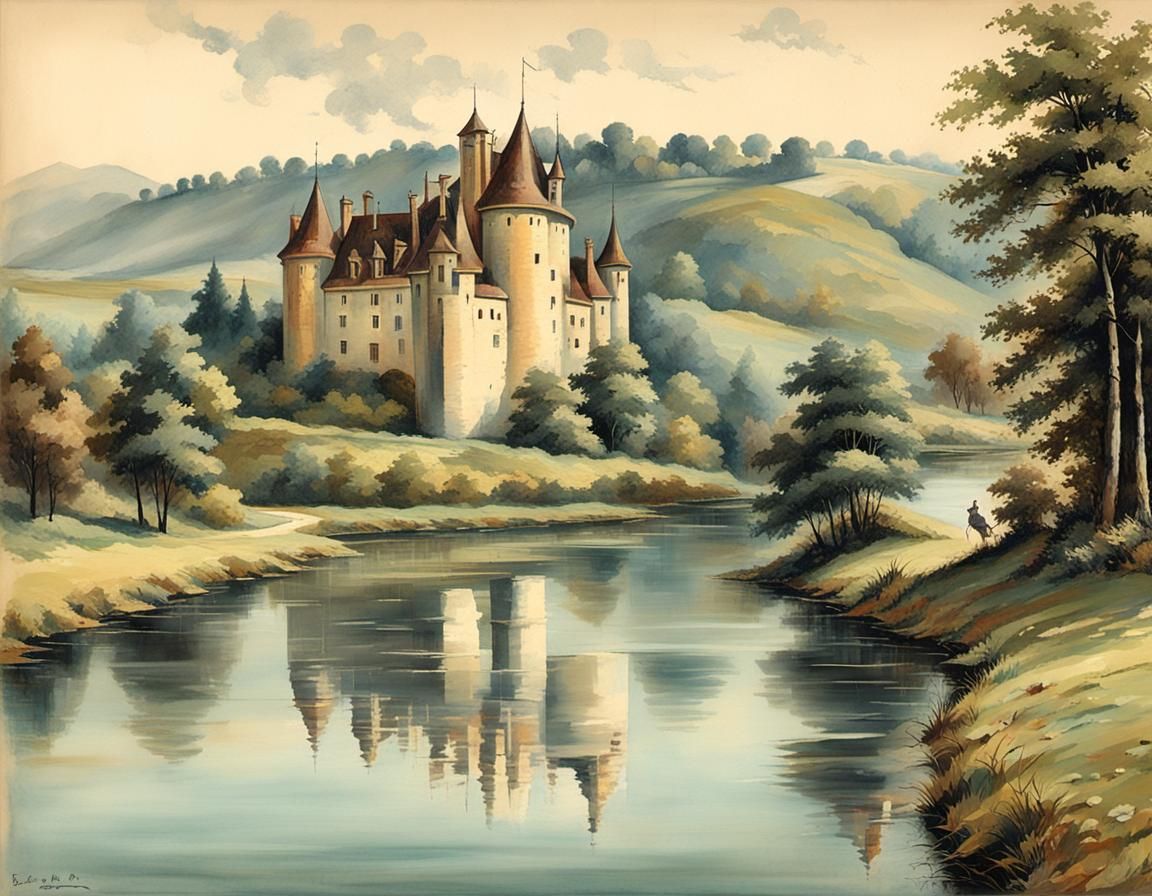 Chateau Landscape on Vintage Parchment in Detailed Matte Pai...