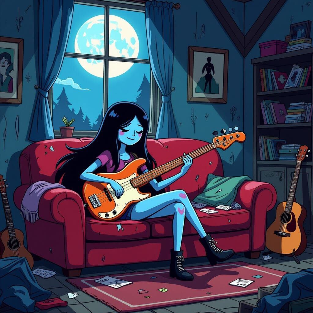 Marceline Plays Bass Guitar in Cluttered House