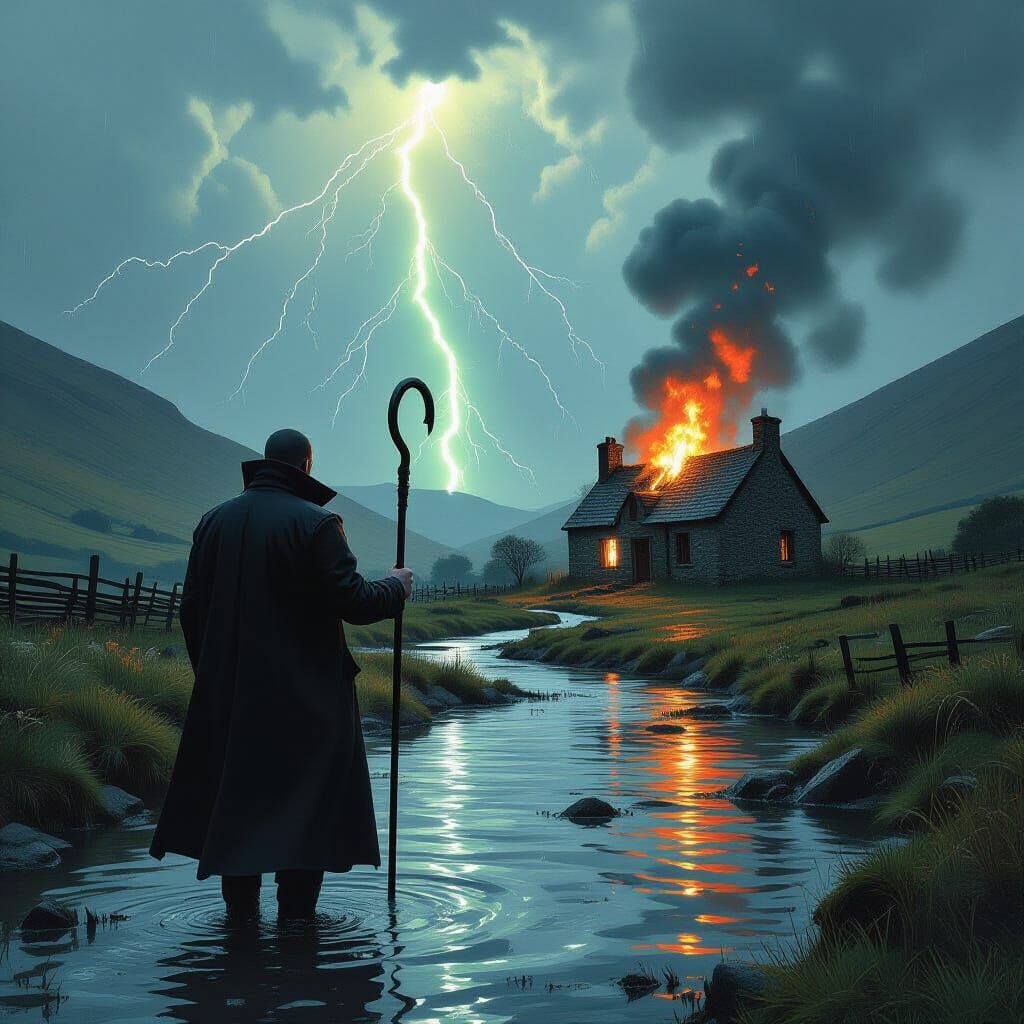 Welsh Cottage Ablaze in Cyberpunk Thunderstorm