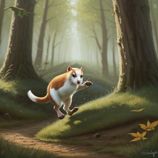 Whimsical Stoat Runs Through Misty Forest