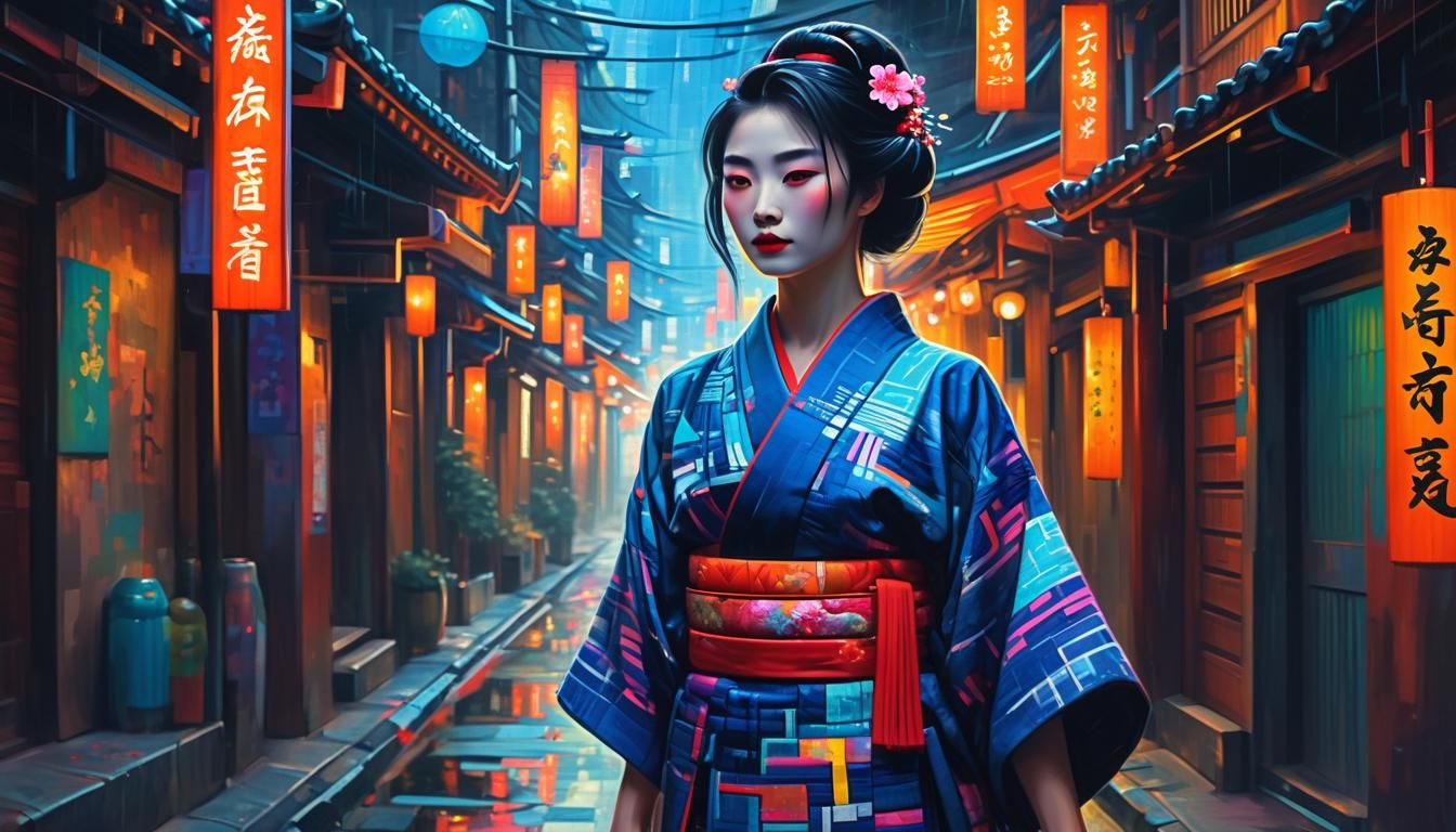 Cyber-Geisha in Neon Alley: Impressionist Oil Painting